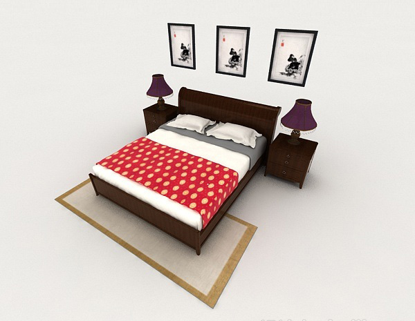 中式木质棕色双人床3d模型下载