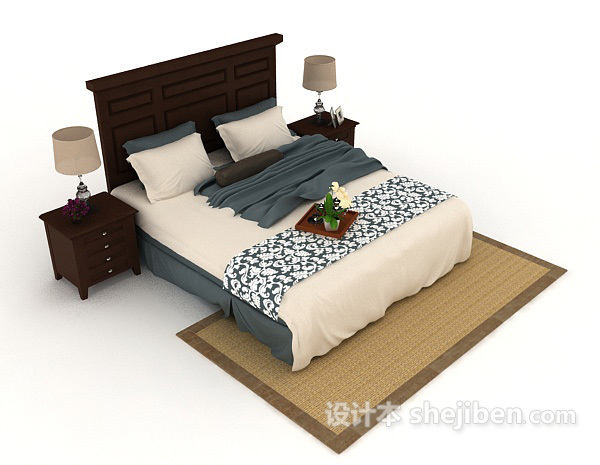 家居木质蓝白双人床3d模型下载