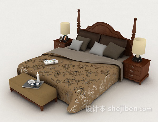 免费欧式实木居家床3d模型下载