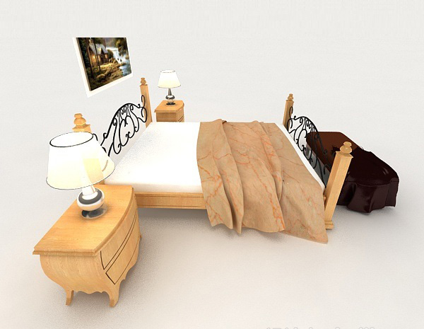 设计本简约木质铁艺双人床3d模型下载