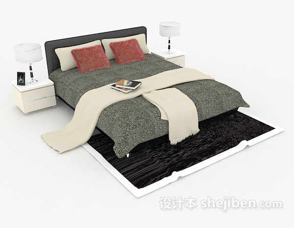 免费简单家居灰色双人床3d模型下载