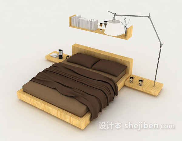 免费家居木质棕色双人床3d模型下载