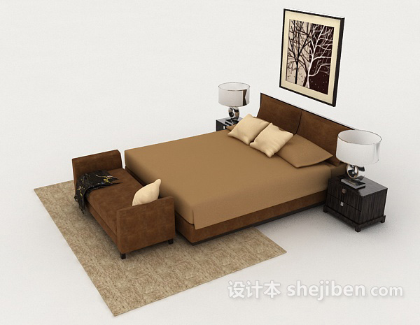 设计本家居木质棕色简约双人床3d模型下载