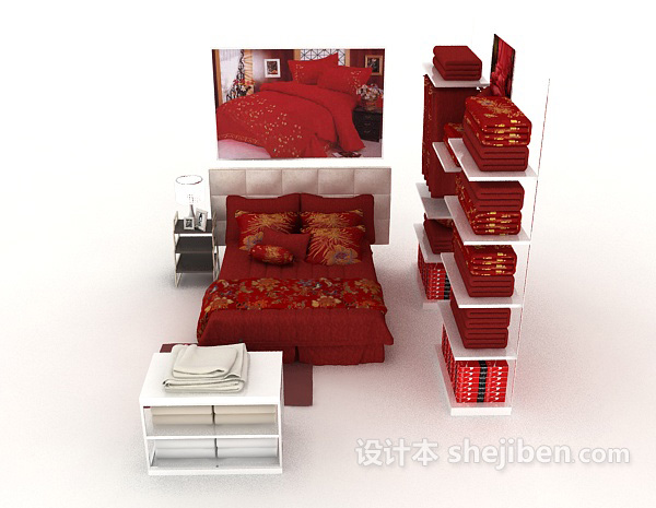 中式风格中式红色喜庆双人床3d模型下载