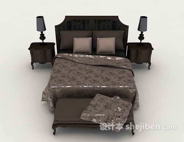 欧式风格欧式灰色木质双人床3d模型下载