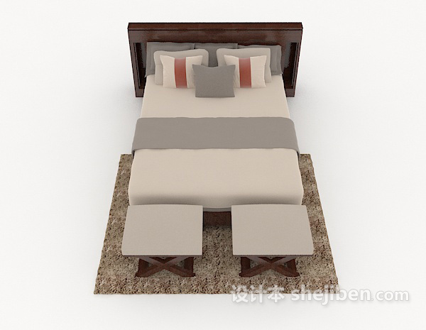 现代风格商务简约木质灰色双人床3d模型下载
