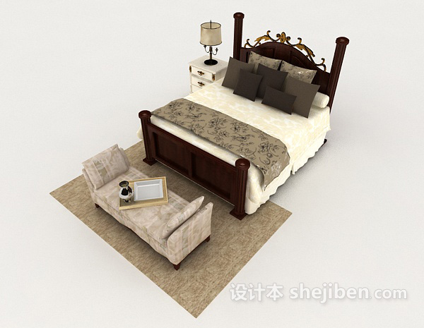 免费欧式木质简单家居双人床3d模型下载