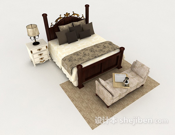 欧式木质简单家居双人床3d模型下载