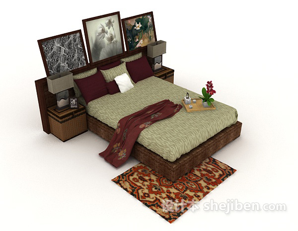 新中式家居棕色木质双人床3d模型下载