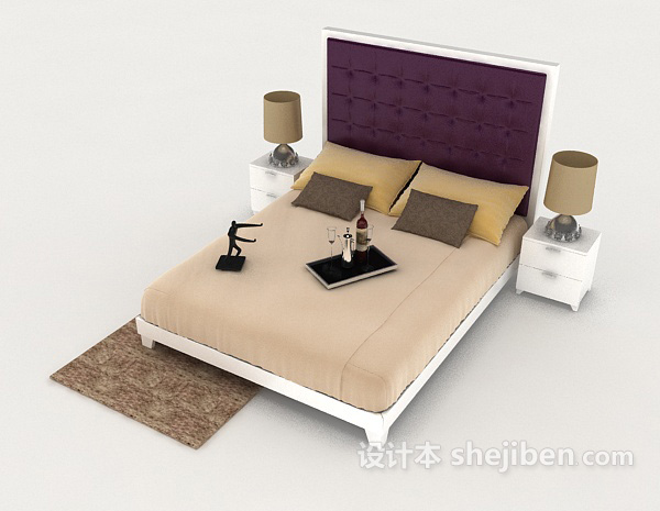 免费家居现代木质棕色双人床3d模型下载