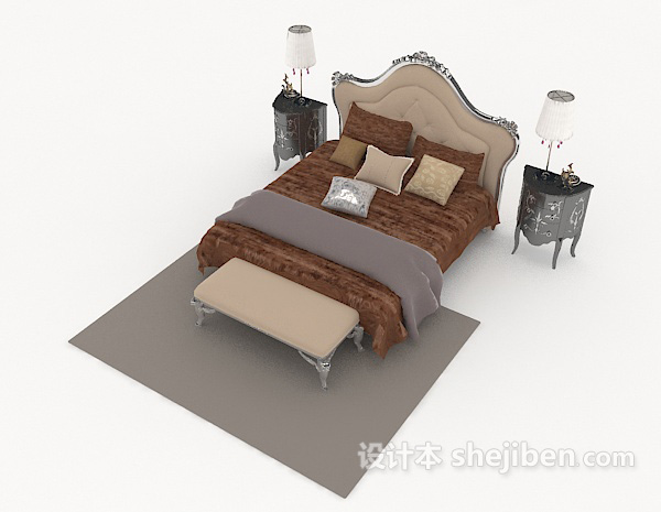 欧式棕色双人床3d模型下载