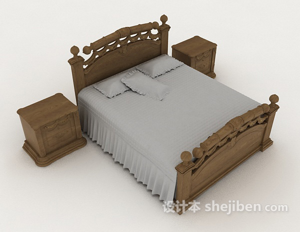家居灰色简约木质双人床3d模型下载