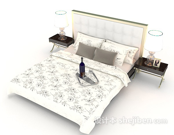免费现代木质花纹双人床3d模型下载