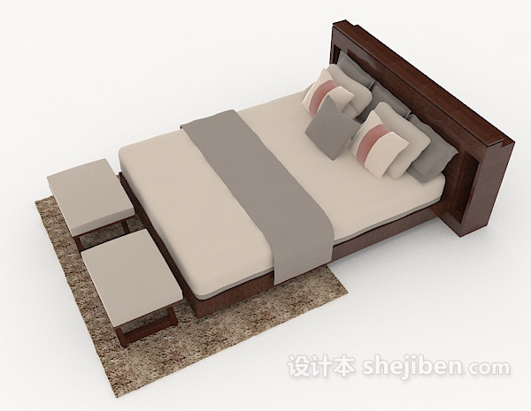 设计本商务简约木质灰色双人床3d模型下载