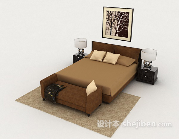 免费家居木质棕色简约双人床3d模型下载