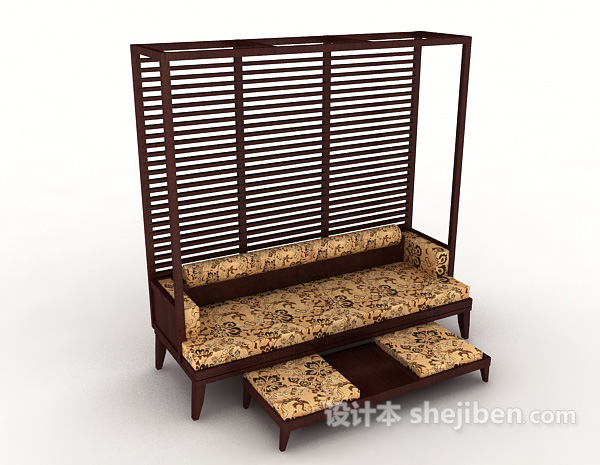 免费中式木质双人沙发3d模型下载