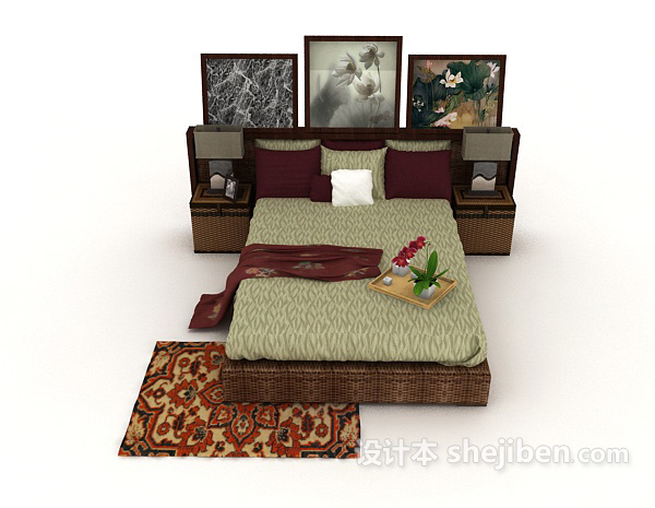 中式风格新中式家居棕色木质双人床3d模型下载