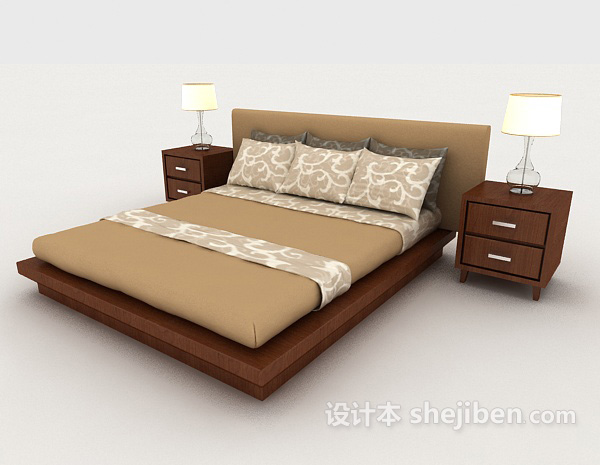 木质简约棕色家居双人床3d模型下载