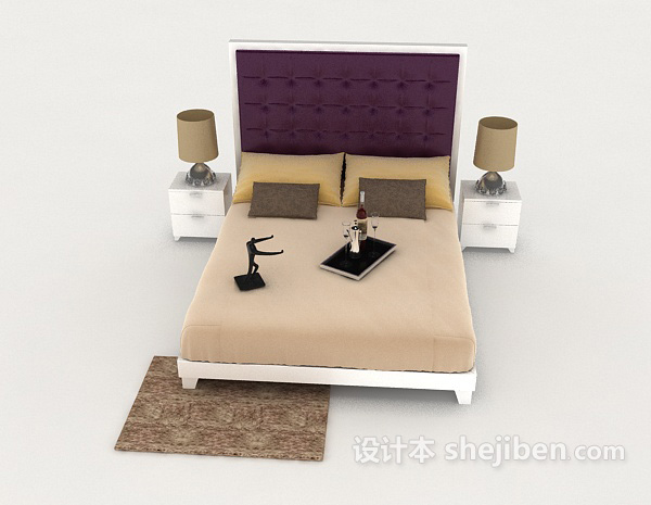 现代风格家居现代木质棕色双人床3d模型下载