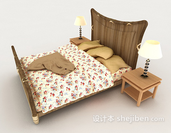 设计本田园花朵木质双人床3d模型下载