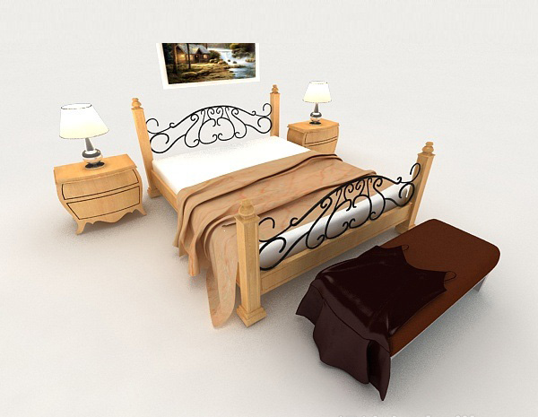 免费简约木质铁艺双人床3d模型下载