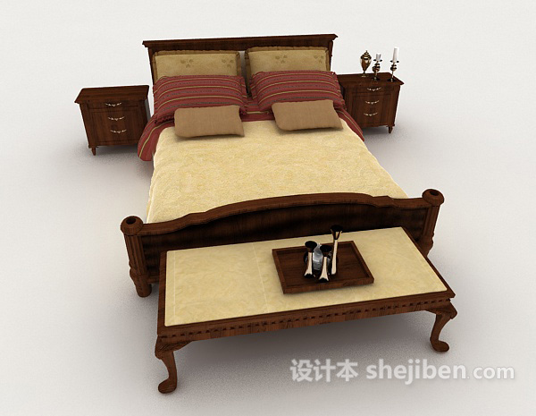 中式复古家居木质双人床3d模型下载