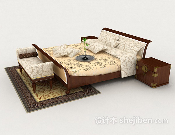 设计本木质家居花纹双人床3d模型下载