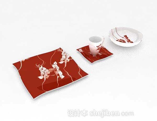 红色花纹餐具3d模型下载
