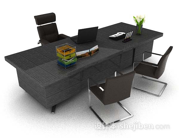 高级简约黑色办公桌椅3d模型下载