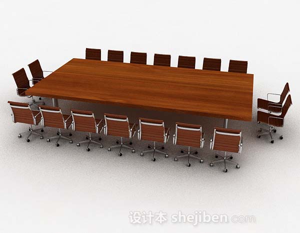 免费长方形棕色木质办公桌椅3d模型下载