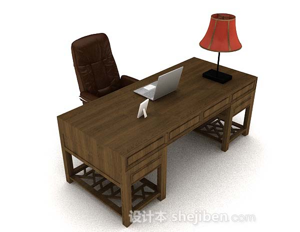 棕色木质书房桌椅3d模型下载