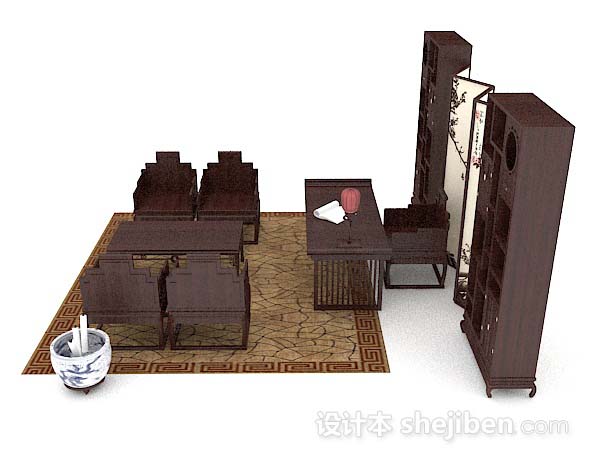 设计本中式复古木质棕色桌椅组合3d模型下载