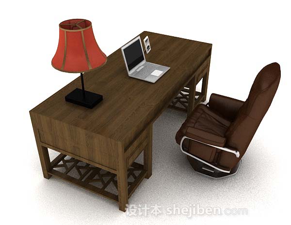 设计本棕色木质书房桌椅3d模型下载