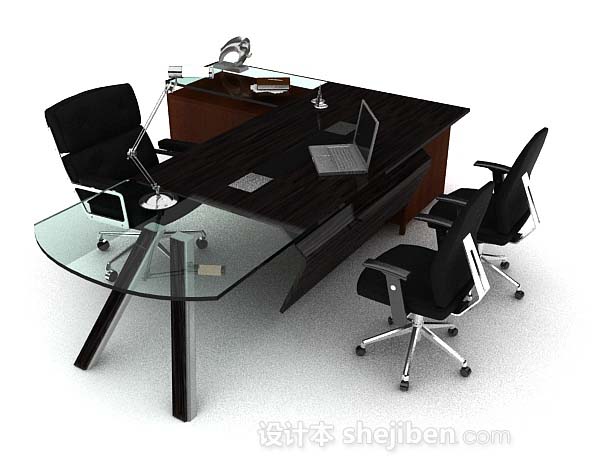 免费高级黑棕色办公桌椅3d模型下载