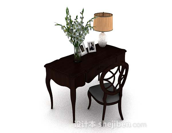 欧式简约木质棕色书桌椅3d模型下载
