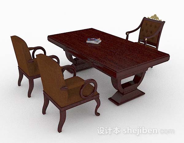 高档复古木质办公桌椅3d模型下载