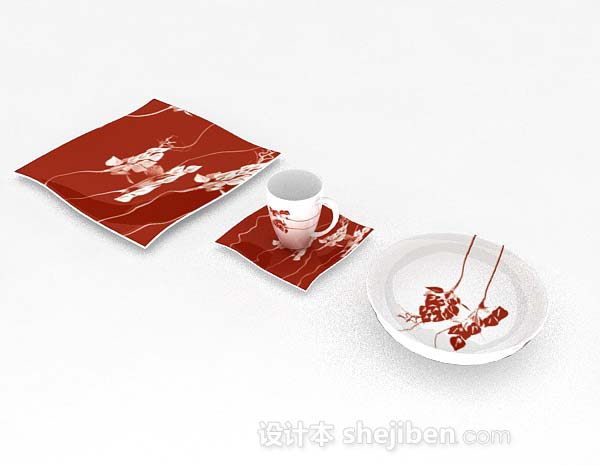 现代风格红色花纹餐具3d模型下载