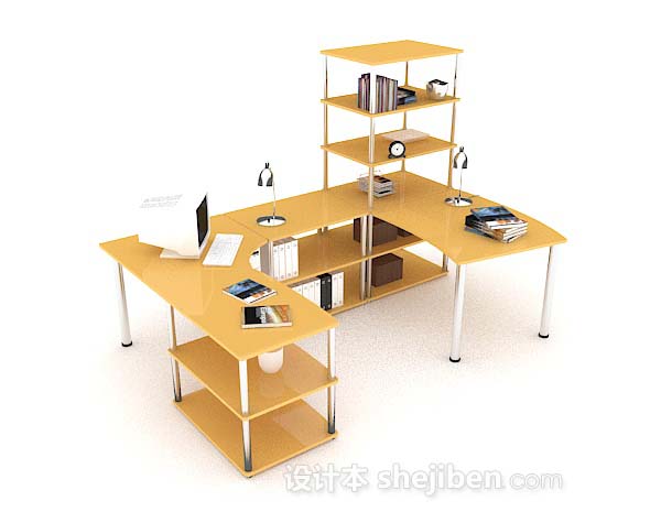现代风格黄色木质办公桌椅组合3d模型下载