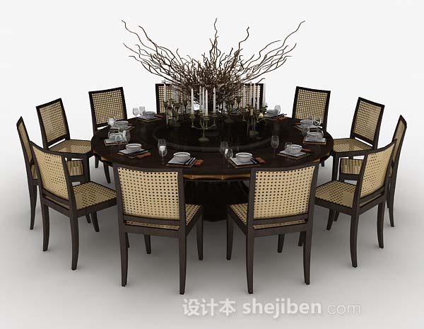 棕色木质圆形餐桌3d模型下载