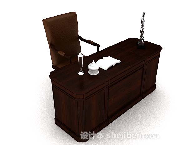 深棕色木质高档书桌3d模型下载