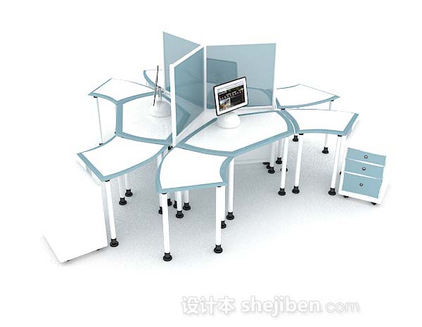 免费蓝白多人办公桌3d模型下载
