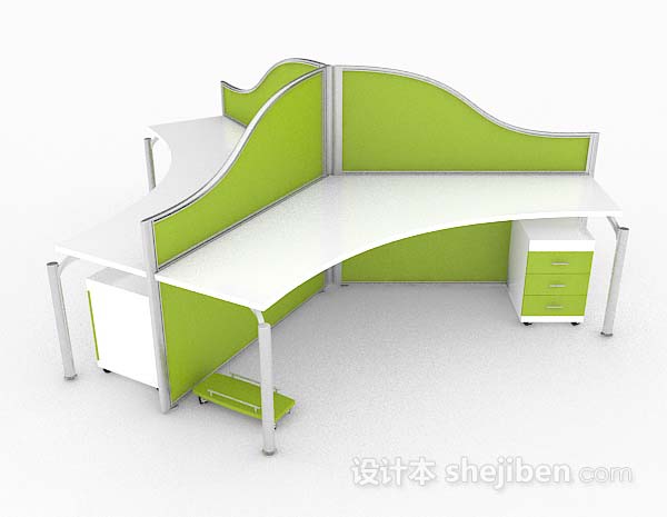 设计本绿色三人办公桌子3d模型下载