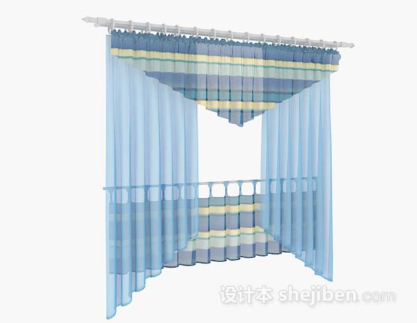 中式风格蓝色清新窗帘3d模型下载