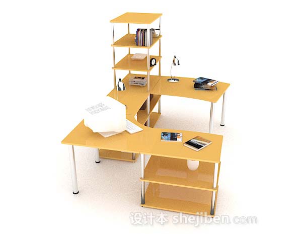 免费黄色木质办公桌椅组合3d模型下载