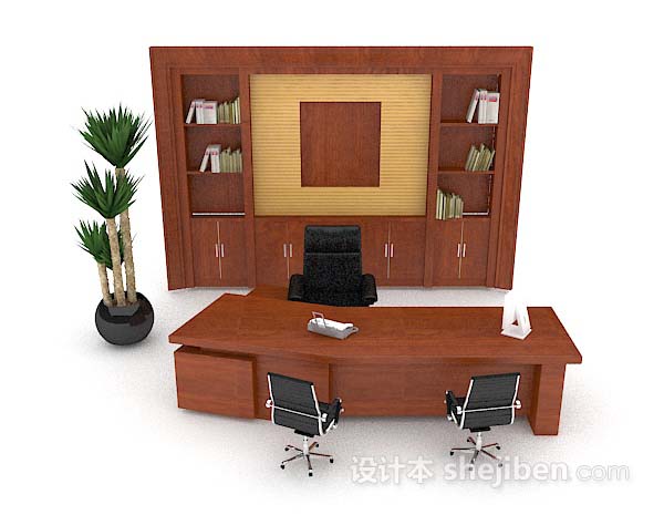 高档木质黄棕色木质办公桌椅3d模型下载