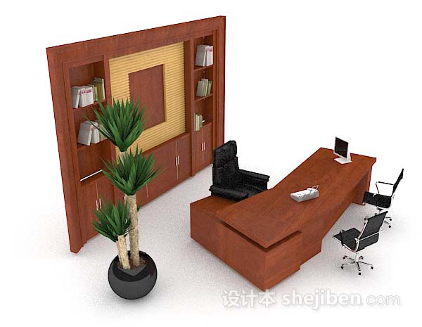 现代风格高档木质黄棕色木质办公桌椅3d模型下载