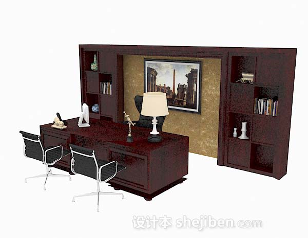 免费深棕色木质高档书桌椅3d模型下载