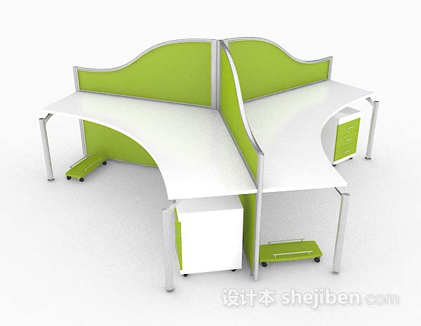 现代风格绿色三人办公桌子3d模型下载