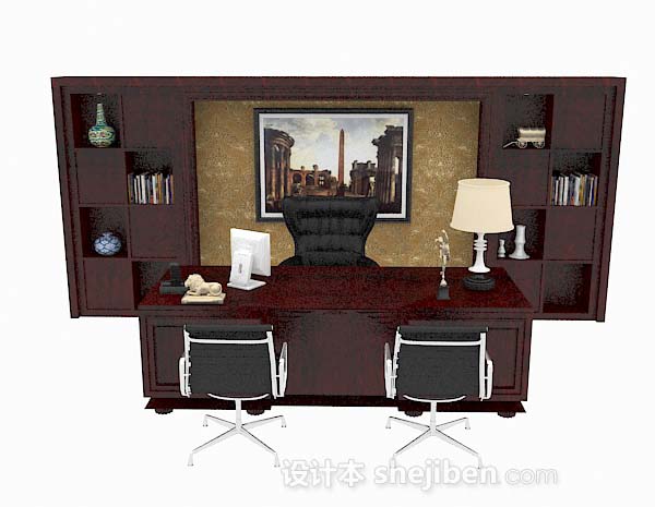 现代风格深棕色木质高档书桌椅3d模型下载