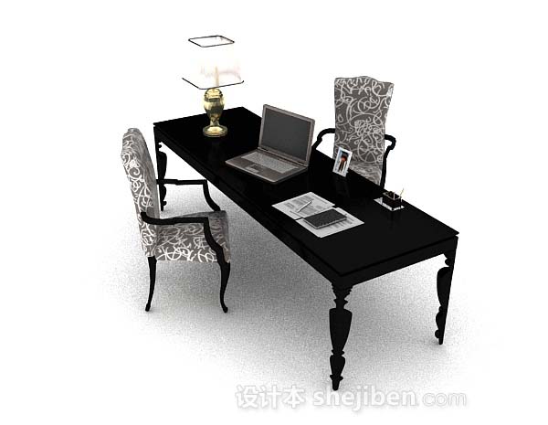 欧式风格欧式家居黑色书桌椅3d模型下载